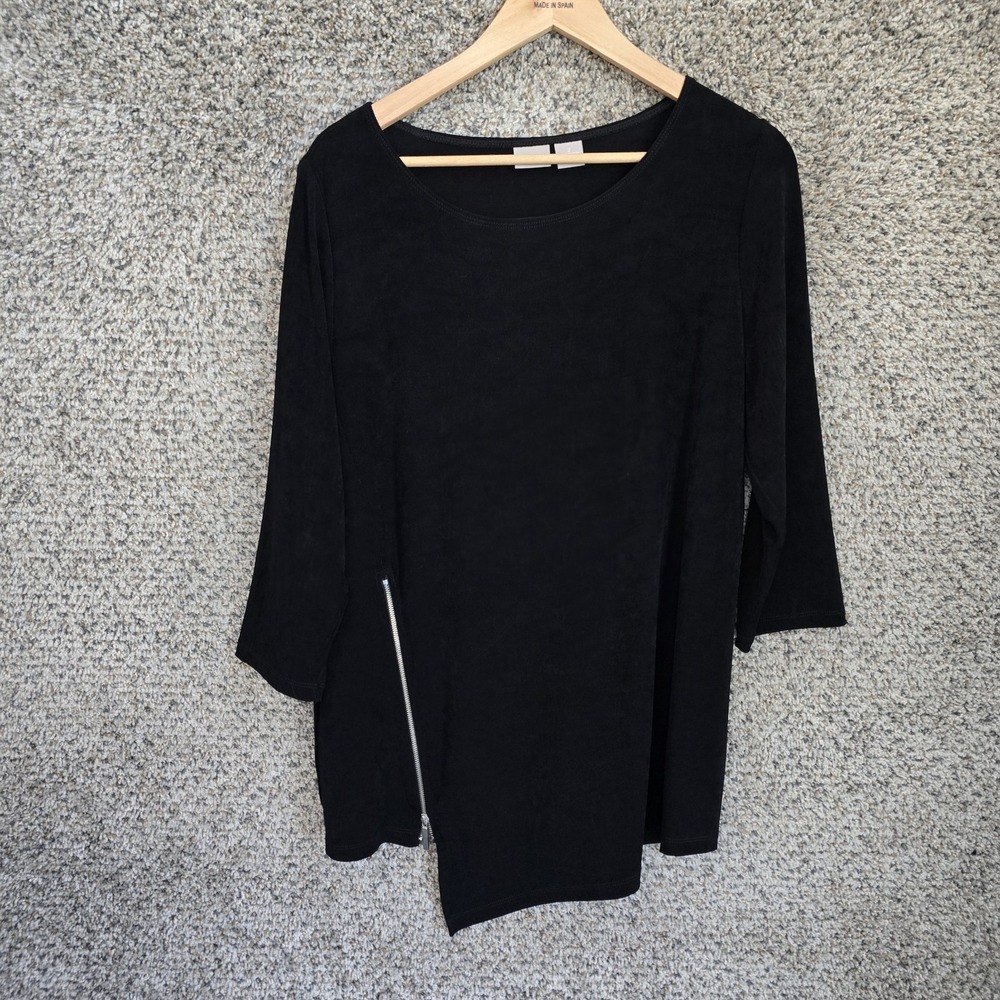 Chicos Travelers Top Womens 2 US Large Black Slinky Tunic Zipper Accent Blouse